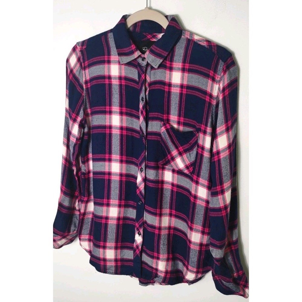 Rails XS Flannel Western Plaid Button-Up Shirt Navy Pink Gray White Long Sleeve